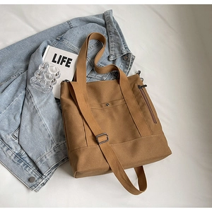 Detail of a brown canvas tote bag featuring adjustable strap and metallic snap button pocket