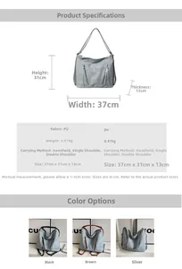 Detail showing dimensions 37x31x13cm and versatile three-way carry styles of the PU bag