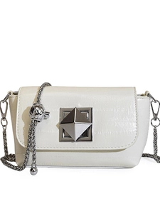 White croc-embossed silver square bag with geometric diamond lock and chain strap