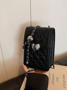 Quilted black PU leather crossbody phone bag with heart lock and chain strap