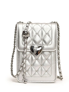 Modern silver quilted crossbody phone bag with heart lock and chain strap