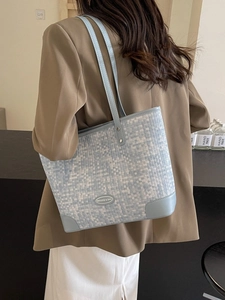 Sac Fourre-Tout Tissé à Grande Capacité pour Femmes Mode Sac à Épaule Minimaliste Urbain en Cuir PU Épissage Sac Navette