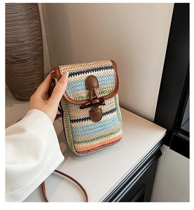 Close-up of rainbow woven straw phone bag featuring brown leather trim and horn button
