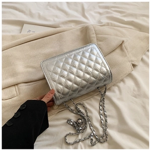 Detailed close-up of a silver quilted leather crossbody bag with metal chain strap