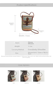 Detail of straw crossbody bag dimensions and rainbow color options in various styles