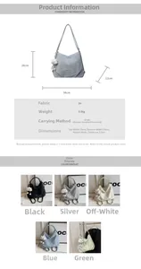 Infographie montrant cinq couleurs du sac en PU avec taille 34x26x12cm et poids 0,5kg