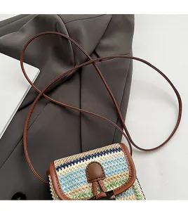 Detail of colorful rainbow straw woven mini bag with brown leather trim and slim strap