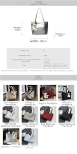 Detailed spec sheet and multi-color view of large capacity PU tote bag with bear charm