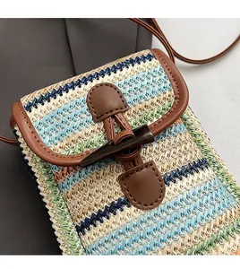 Detail of colorful woven straw phone bag featuring striped texture and horn button closure