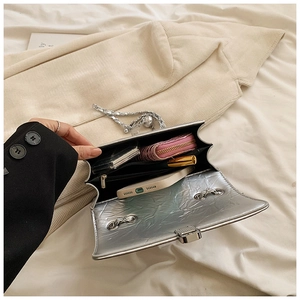 Detail of silver chain bag interior capacity showing main compartment and zipper pocket