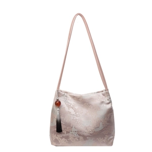 Pink Chinese style tote bag with traditional landscape embroidery and tassel detail