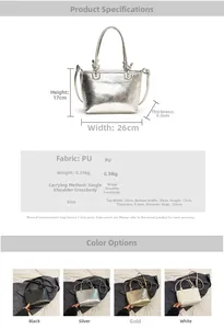 Detailed product dimensions and four color options for the trendy metallic PU bucket bag