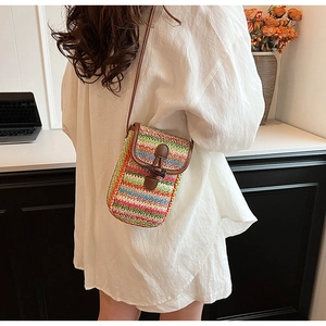 Close-up of rainbow woven mini crossbody bag with leather trim and vintage toggle button