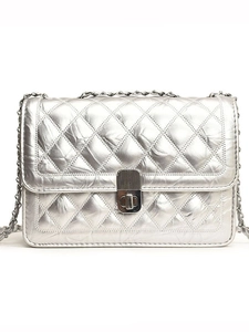Elegant silver quilted crossbody bag with diamond pattern and metallic chain strap
