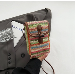 Detail of colorful rainbow woven straw mini crossbody bag with leather trim and wooden buckle