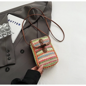 Detail of colorful woven phone bag with brown leather trim and horn buckle on a blazer