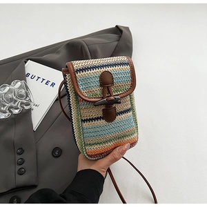 Close-up of rainbow striped straw mini bag with brown leather trim and horn buckle detail