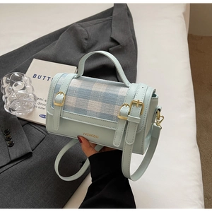 Close-up of light blue plaid square bag with gold buckles and dual-use strap design