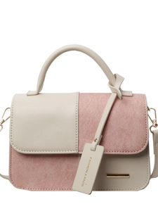 Piccola borsa a mano quadrata bicolore rosa e beige con dettagli dorati ed eleganti