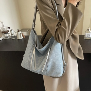 Denim blue large capacity hobo bag with zip details for stylish women commuting
