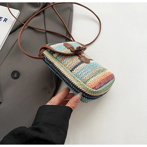 Macro shot of colorful woven mini straw bag with vintage horn button closure and leather strap