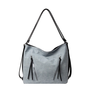 Retro grey-blue denim tote bag with silver zippers and black leather shoulder straps