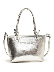 Silver crinkled leather bucket bag with top handles and metallic knot detail