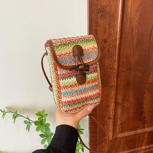 Rainbow woven straw mini crossbody phone bag with vintage horn buckle and leather trim