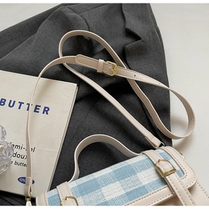 Detailed close-up of blue and white checkered woven crossbody bag with gold buckle hardware