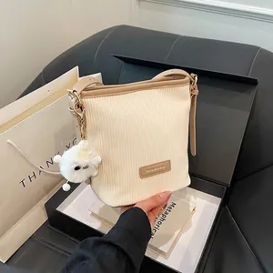 Women Pleated Corduroy Bucket Bag Chic Versatile Crossbody Shoulder Bag With Furry Monster Pendant Fashion Handbag