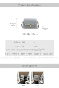 Detail view of denim saddle bag with golden rabbit buckle and size specifications