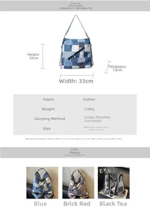 Detailed size chart for the plaid fabric tote bag showing 33x35x12cm dimensions