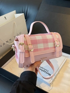 Women Fashion Plaid Patchwork Small Square Bag Elegant Contrast Color Top Handle Bag Adjustable Strap PU Leather Handbag