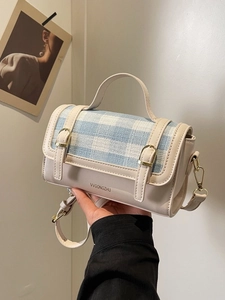Blue plaid contrast faux leather crossbody bag with top handle and gold hardware
