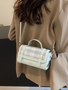 Chic mint blue plaid leather crossbody bag for women with vintage metal buckles