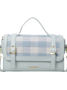 Chic light blue leather and checkered fabric crossbody bag with a metal buckle