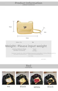 Detailed size specifications and four color variants of heart buckle crossbody bag