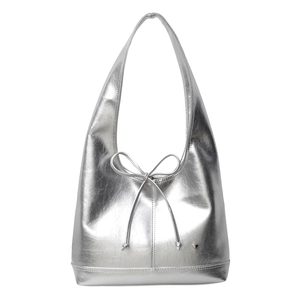 Silver metallic hobo shoulder bag with bow detail and heart charm on white background
