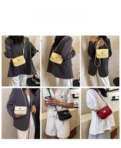 Collage of model wearing vintage flap crossbody bags with heart-shaped metal buckles