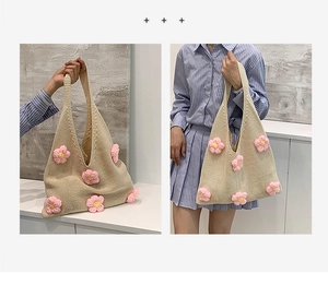 Texture détaillée d'un sac cabas en crochet crème avec ornements floraux faits main