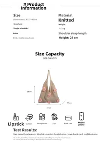 Tableau des tailles du sac cabas en tricot beige à fleurs, dimensions 31x25x11cm et volume
