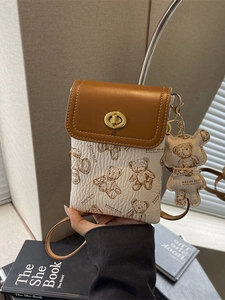 Damen Mode PU Leder Handytasche Kontrastfarbe Cartoon Bär Druck Umhängetasche Mit Metall Drehverschluss Kleine Quadratische Schultertasche