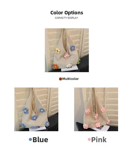 Gros plan du sac cabas en crochet fait main en styles colorés, bleus et roses tricotés