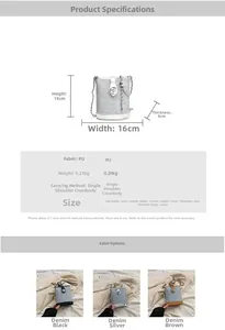 Detail showing dimension specs and bucket bag material texture with chain strap
