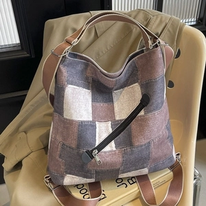 Versatile denim patchwork tote bag with wide straps and large capacity for women