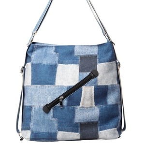 Blue denim patchwork tote bag with large capacity and adjustable wide shoulder straps