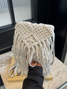 Bohemian Macrame Tassel Woven Crossbody Bag For Women Cotton Rope Handmade Small Square Beach Shoulder Bag Vacation Purse