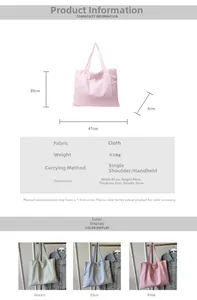 Size chart for canvas tote bag showing dimensions 47x39x8cm in pink, blue, and green