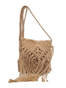 Bohemian handwoven straw crossbody bag with geometric patterns and fringe tassels