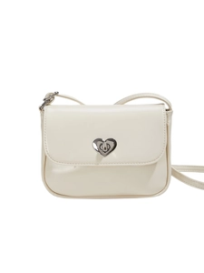 Chic beige crossbody bag with silver heart metal twist lock and sleek leather texture